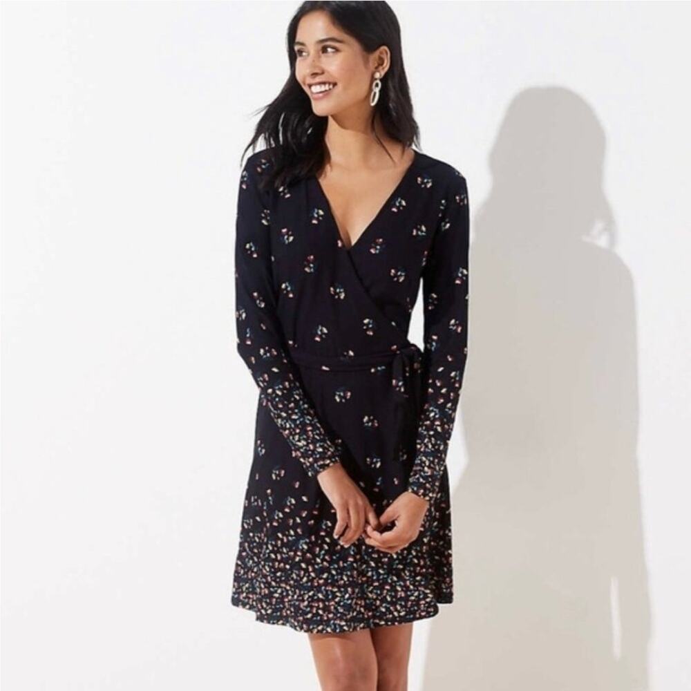 LOFT Black Floral Petaled Wrap Dress, Longsleeve V-neckline | L NWT Preppy